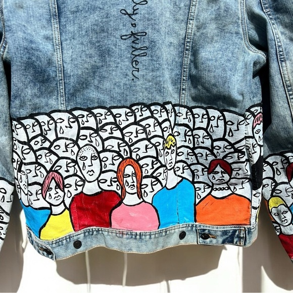 🌻Painted Crowd Crying Theme Men's Large Blue Denim Jacket by Designer Fuller - Picture 9 of 12